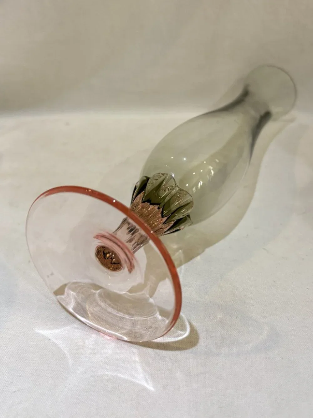VTG Glass Pedestal Bud Vase Pink Stem Green Tint Glass Vase